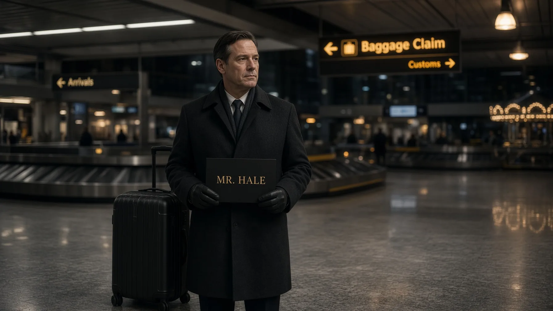 An illustrated chauffeur meeting a traveller in an arrivals hall